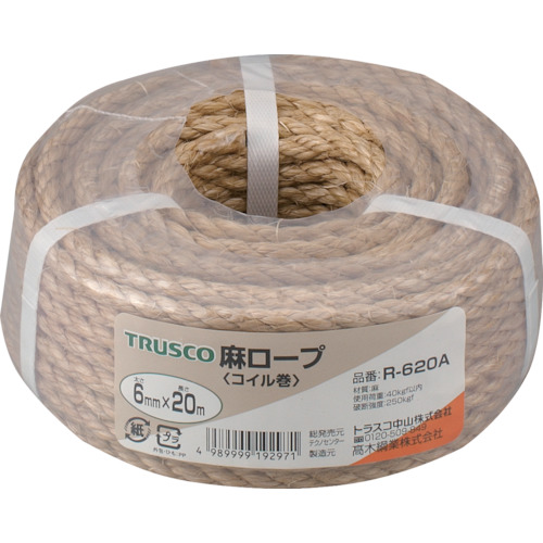 【TRUSCO】ＴＲＵＳＣＯ　麻ロープ　３つ打　線径６ｍｍＸ長さ２０ｍ